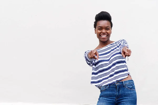 Woman pointing fingers — Stock Photo, Image