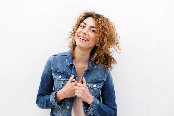 Woman smiling with jeans jacket — Stock Photo, Image