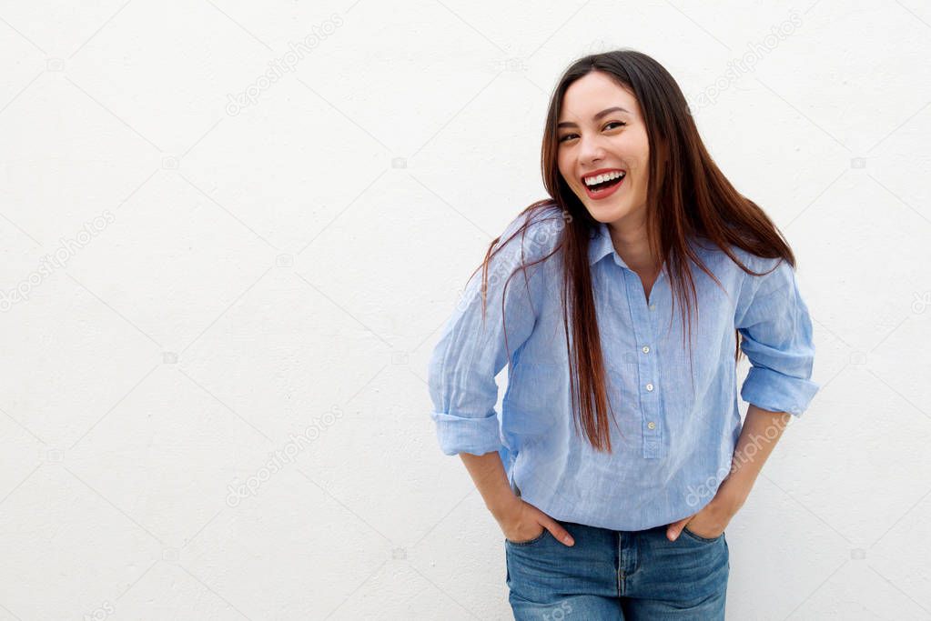 Laughing woman with long hair 