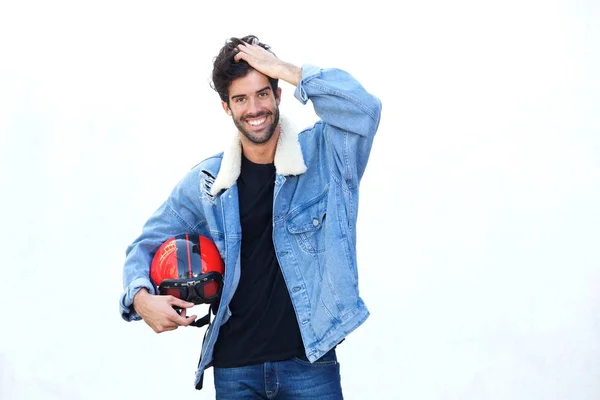 Motociclista feliz con casco — Foto de Stock