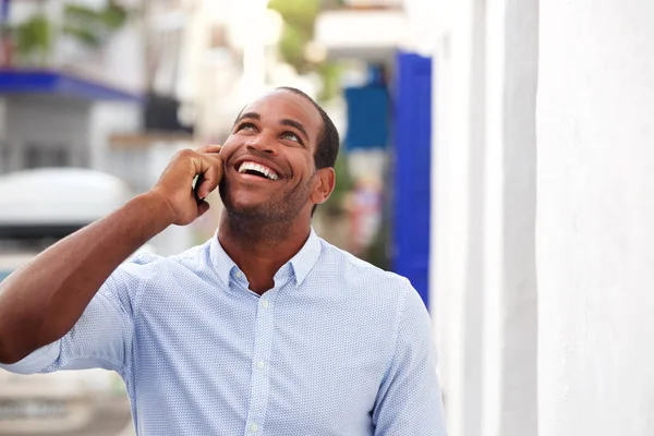 Close Portrait Cheerful Man Standing Street Talking Mobile Phone — Stock Photo, Image