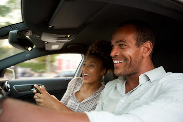 Close Portrait Happy African American Couple Fast Car Smiling — Stock Photo, Image
