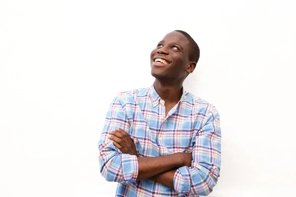 Retrato Joven Negro Alegre Con Los Brazos Cruzados Mirando Hacia — Foto de Stock