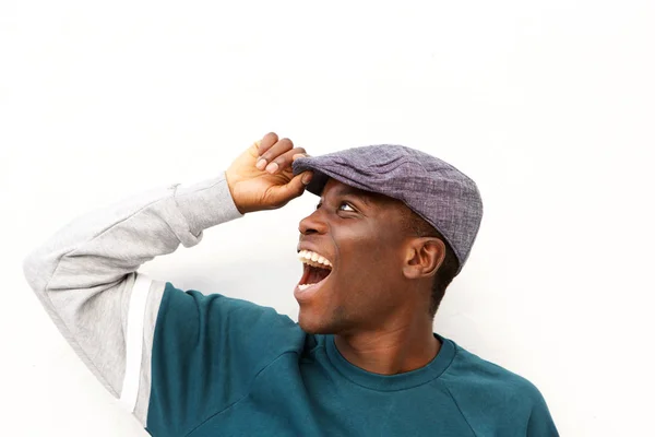 Крупный План Портрета Стильного Молодого Африканца Шапке Белом Фоне — стоковое фото