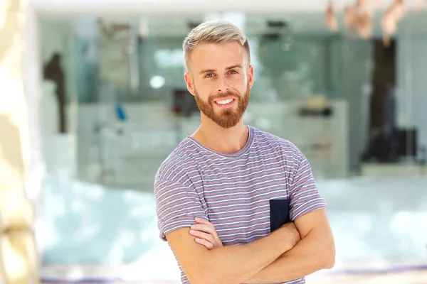 Portrait Cool Young Man Smiling Arms Crossed — Stock Photo, Image