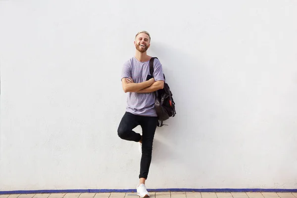 Full Body Portrait Happy Young Man Beard Leaning Wall Arms — Stock Photo, Image