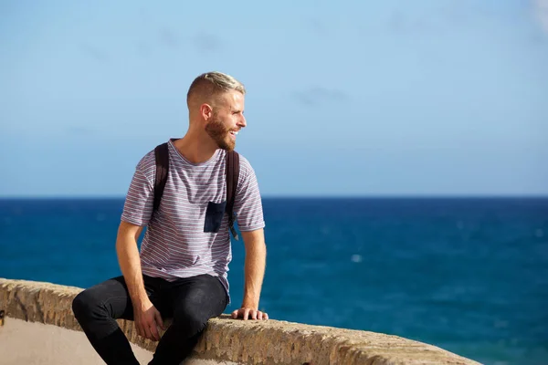 Portrait Happy Man Sitting Seaside Looking View — Stock Photo, Image
