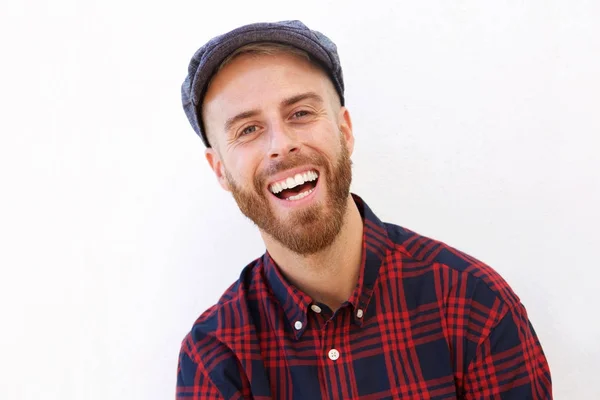 Close Portrait Young Man Laughing Hat White Background — Stock Photo, Image