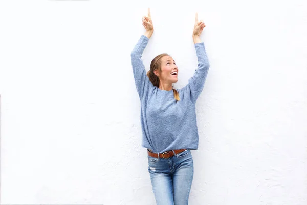 Portrait Happy Young Woman Pointing Fingers — Stock Photo, Image