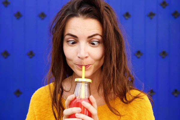 Close Portrait Crazy Young Woman Drinking Juice Bottle — Stock Photo, Image