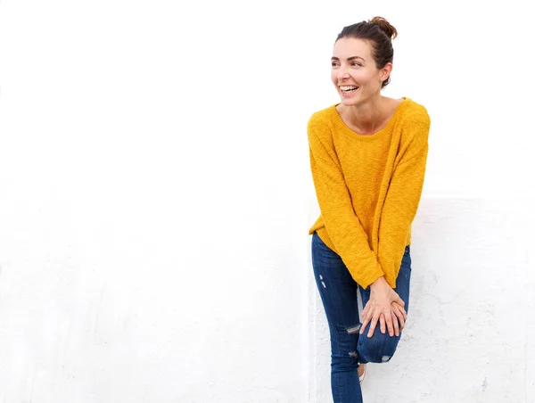 Portrait Cheerful Caucasian Female Looking Away Smiling White Background — Stock Photo, Image