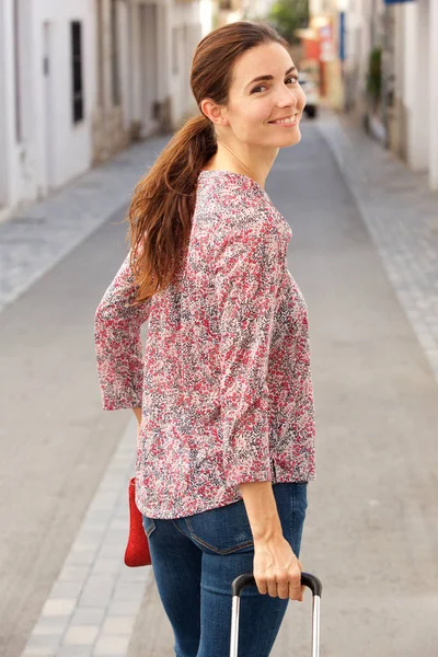 Portrait Beautiful Young Woman Walking Street Luggage Looking Her Shoulder — Stock Photo, Image