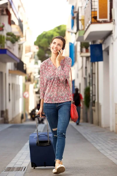 Full Portrait Young Woman Walking City Street Luggage Mobile Phone — Stock Photo, Image