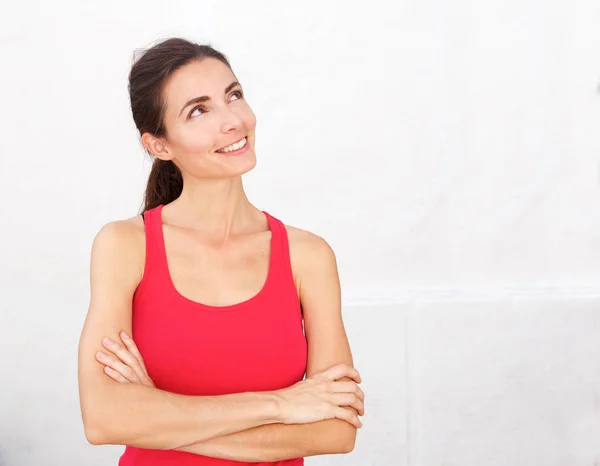 Nahaufnahme Porträt Einer Schönen Jungen Fitten Frau Die Mit Verschränkten — Stockfoto