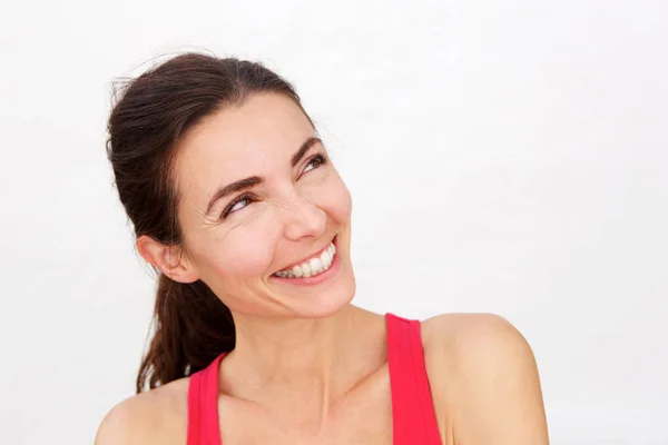 Close Portrait Laughing Sports Woman Looking Away Copy Space — Stock Photo, Image