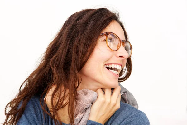 Primer Plano Retrato Mujer Joven Con Gafas Bufanda Riendo Sobre — Foto de Stock