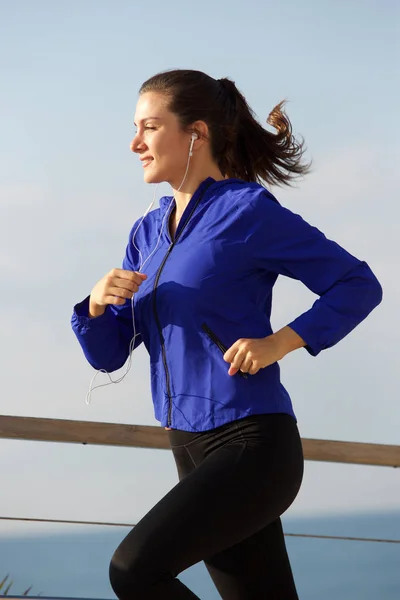 Side Portrait Cheerful Runner Headphones Workout — Stock Photo, Image