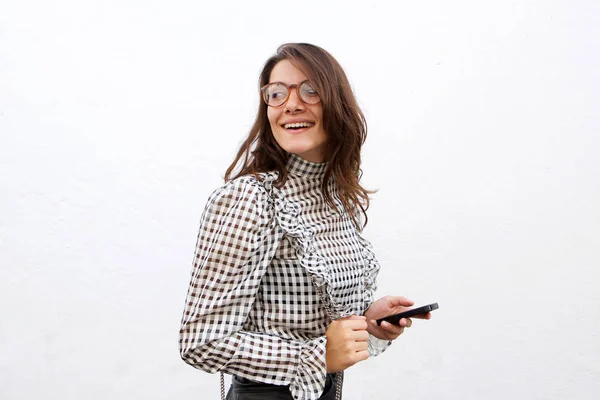 Portrait Smiling Trendy Woman Walking Mobile Phone Glasses White Background — Stock Photo, Image