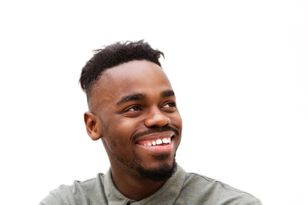 Εσωτερικη Πορτραίτο Νεαρού Μαύρο Άνδρα Χαμογελώντας Και Αναζητούν Μακριά Ενάντια — Φωτογραφία Αρχείου
