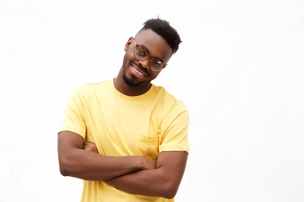 Retrato Homem Americano Africano Sorridente Com Óculos Contra Fundo Branco — Fotografia de Stock