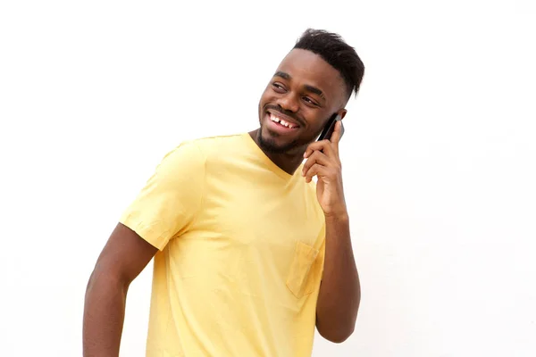 Ritratto Giovane Nero Che Sorride Parla Sul Cellulare Sfondo Bianco — Foto Stock