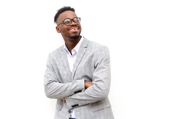 Retrato Joven Empresario Afroamericano Feliz Con Gafas Sobre Fondo Blanco — Foto de Stock