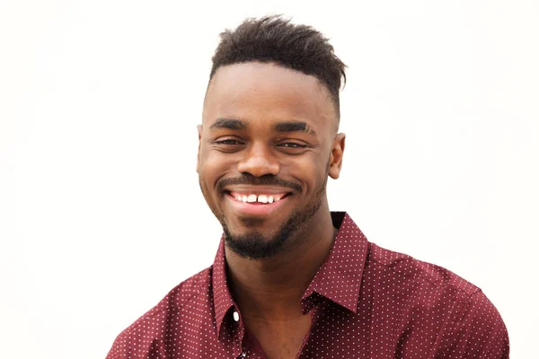 Крупним Планом Портрет Щасливого Молодого Африканця Який Посміхається Білому Тлі — стокове фото