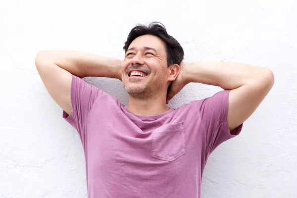 Close Portrait Handsome Older Man Standing Hands His Head White — Stock Photo, Image