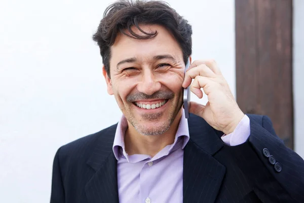 Close Portrait Cheerful Mid Adult Businessman Talking Mobile Phone — Stock Photo, Image