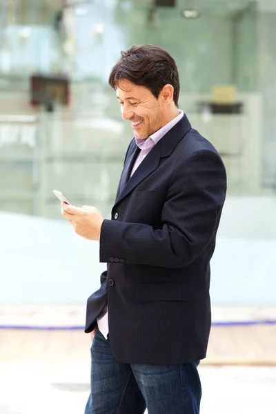 Side Portrait Businessman Reading Text Message His Mobile Phone — Stock Photo, Image