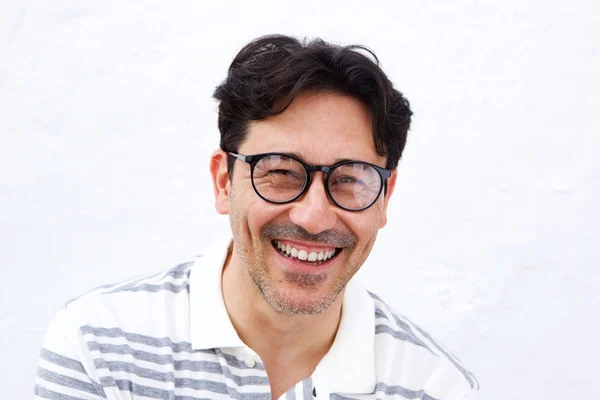 Close Portrait Cheerful Mature Man Glasses Smiling White Background — Stock Photo, Image