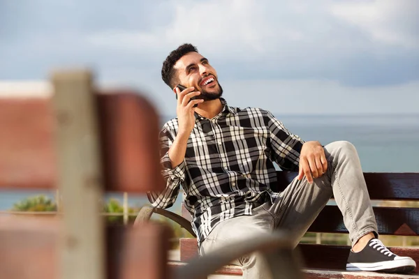 Portrait Cool Young Arabic Man Talking Mobile Phone Outdoors — Stock Photo, Image