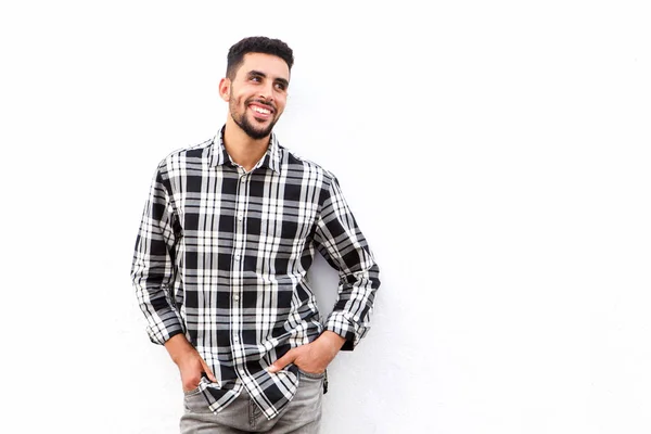 Portret Van Koele Jonge Arabische Man Die Lacht Tegen Witte — Stockfoto