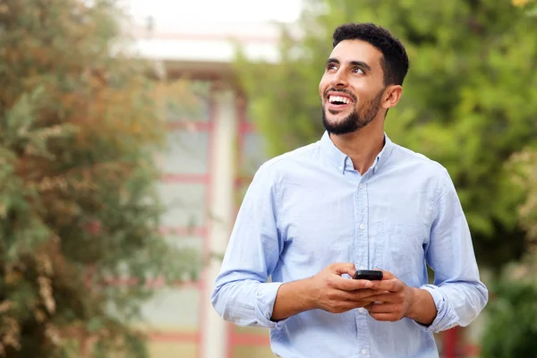 Portrait Happy Young Handsome Man Walking Cellphone — Stock Photo, Image