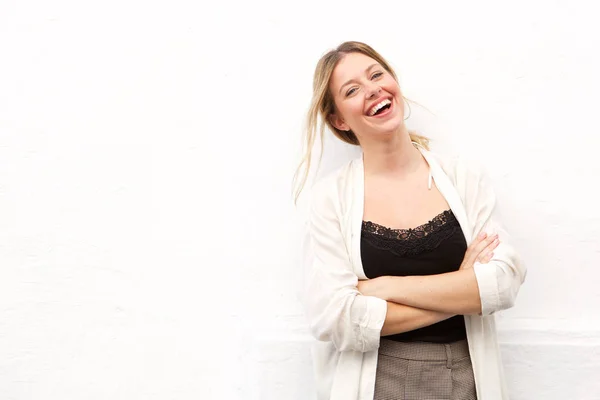 Portrait Young Woman Laughing White Wall — Stock Photo, Image