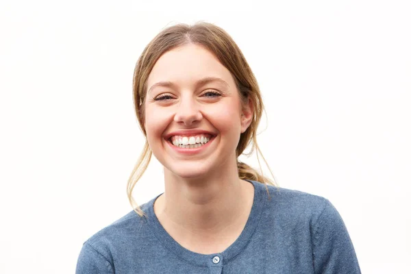 Close Portrait Happy Young Woman Smiling White Background — Stock Photo, Image