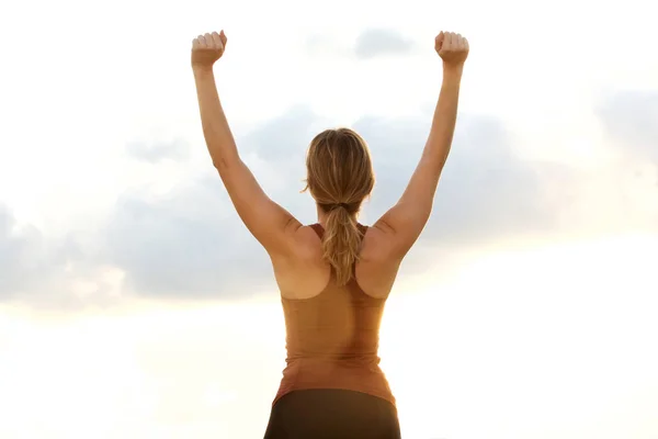 Portrait Sport Woman Celebrating Arms Raised — Stock Photo, Image