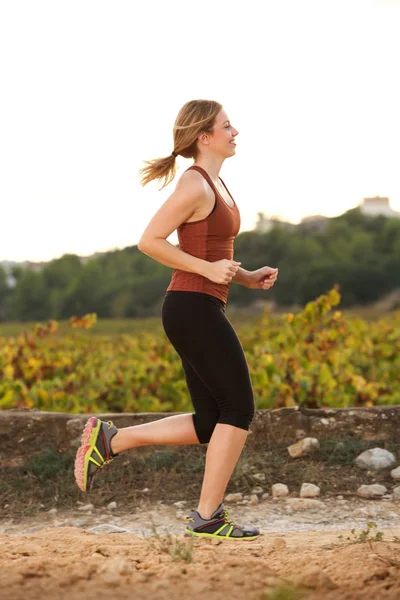 Full Length Profile Portrait Healthy Young Woman Running — Stock Photo, Image