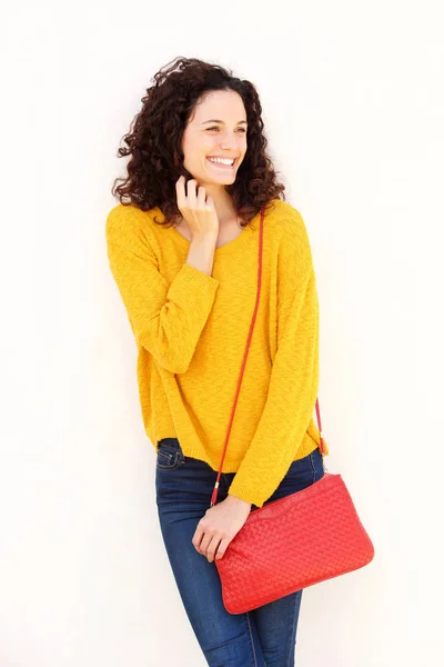 Portrait Happy Young Woman Purse White Background — Stock Photo, Image