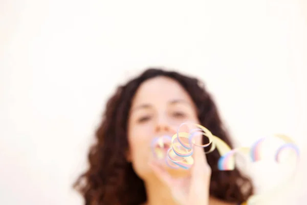 Portrait Happy Young Woman Blowing Confetti — Stock Photo, Image