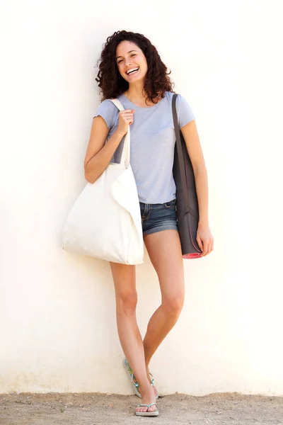 Full Body Portrait Young Woman Smiling Yoga Mat Bag White — Stock Photo, Image