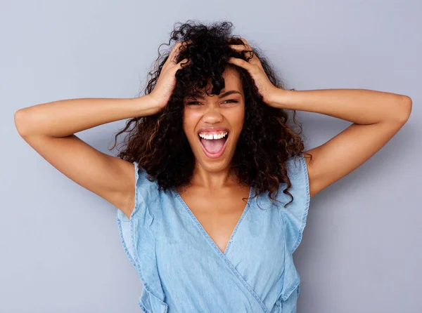 Portrait Young African American Woman Shouting Hand Hair — Stock Photo, Image