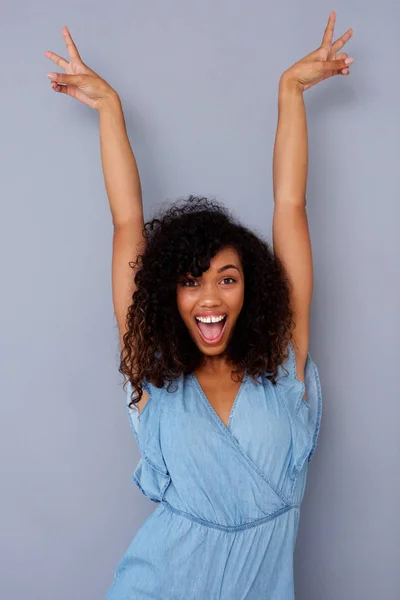 Portrait Excited Young African American Woman Smiling Hands Raised Gray — Stock Photo, Image