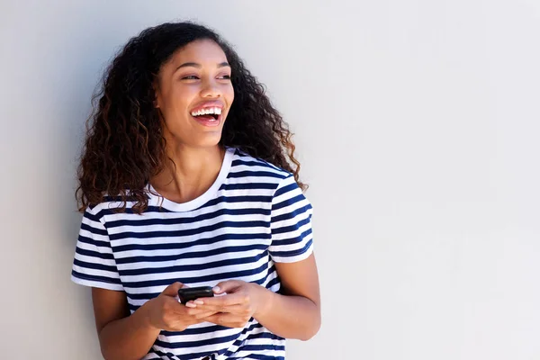 Horizontal Portrait Beautiful Young Woman Laughing Cellphone — Stock Photo, Image