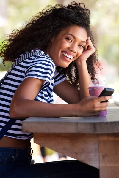 Portrait Young African American Woman Sitting Cafe Smartphone — Stock Photo, Image