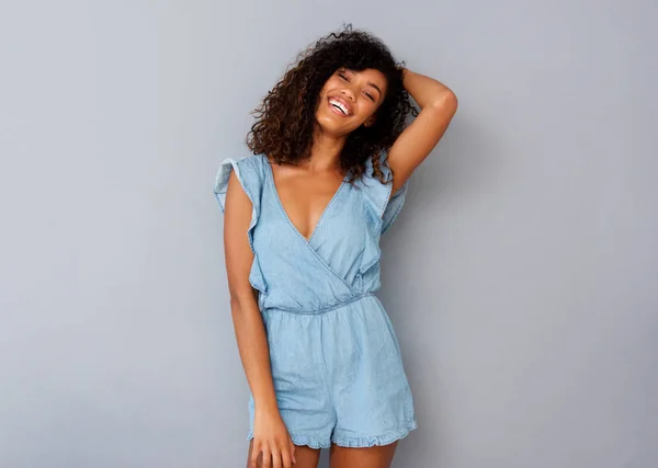 Portrait Happy Young African American Woman Laughing Hand Hair — Stock Photo, Image