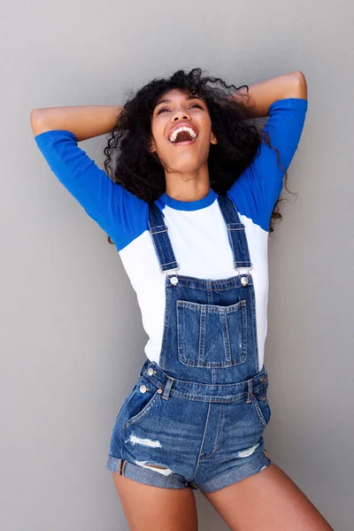 Portrait Beautiful Young African American Woman Shorts Laughing Gray Background — Stock Photo, Image