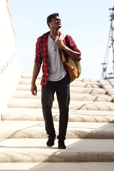 Full Body Portrait Cool Young Man Bag Walking Steps Looking — Stock Photo, Image