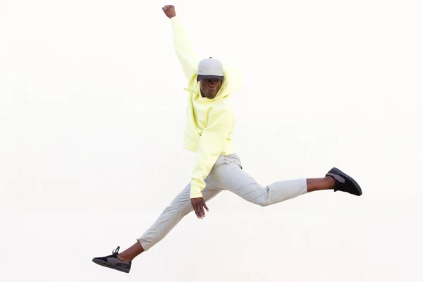 Portrait Stylish Young African American Man Jumping Dancing White Background — Stock Photo, Image