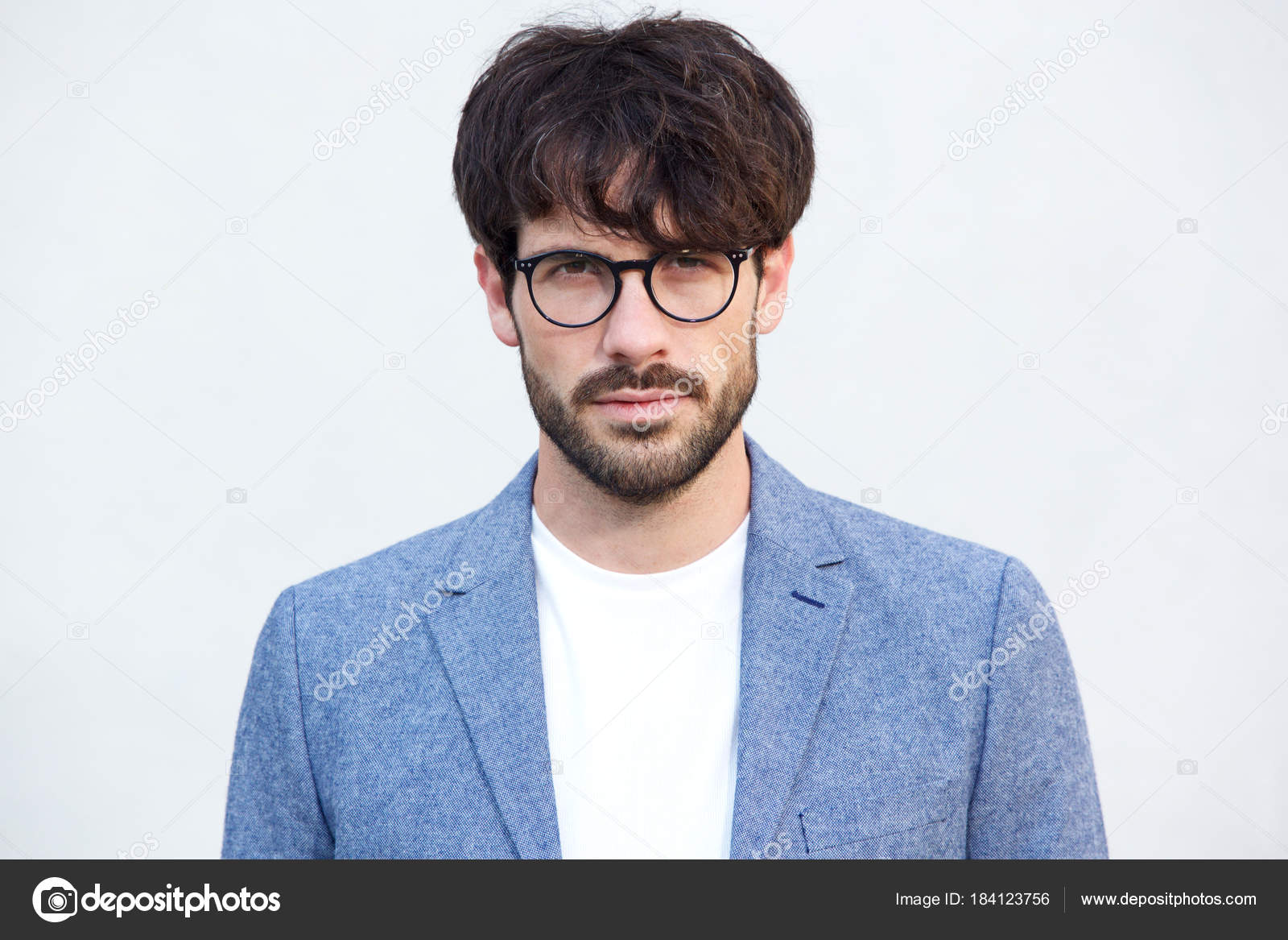 Close Portrait Handsome Young Man Beard Glasses White Background - Main Image